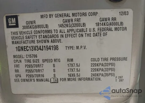 2004 Chevrolet Tahoe Ls from USA, damaged, VIN 1GNEC13V34J194198
